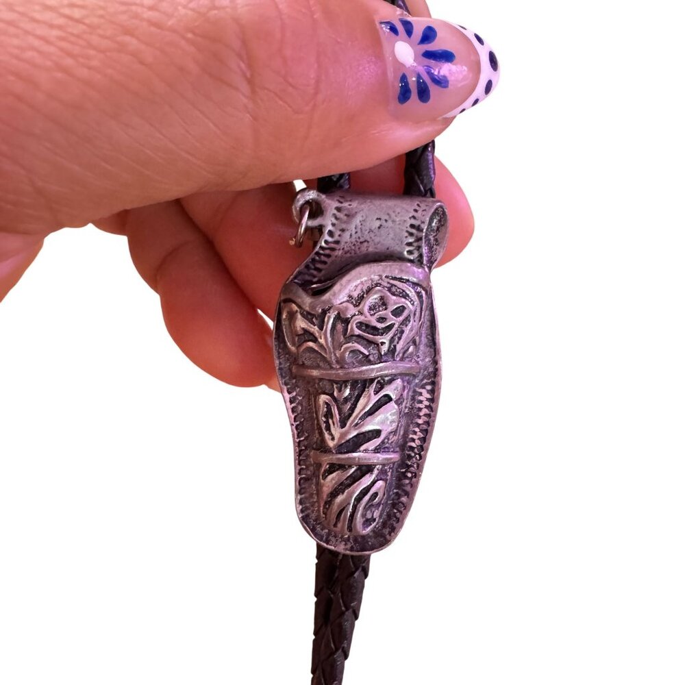 Vintage Silver Black Leather Empty Unarmed Holster Gun Control Bolo Tie - Picture 5 of 7